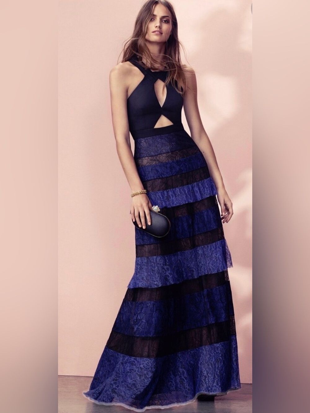 BCBGMAXAZRIA Cortney Navy Black Lace Cutout Maxi Gown Size 6